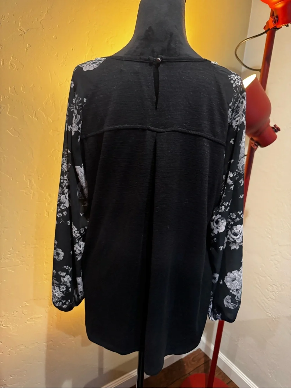 dressbarn Black Tunic with Floral Print Long Sleeves and Rhinestone Neckline